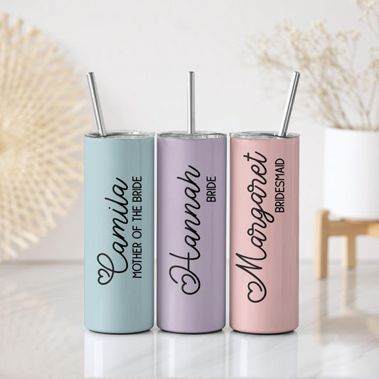 Customizable Bridal Shower Tumbler With Straw, Colored Bachelorette Matching Steel Water Bottle