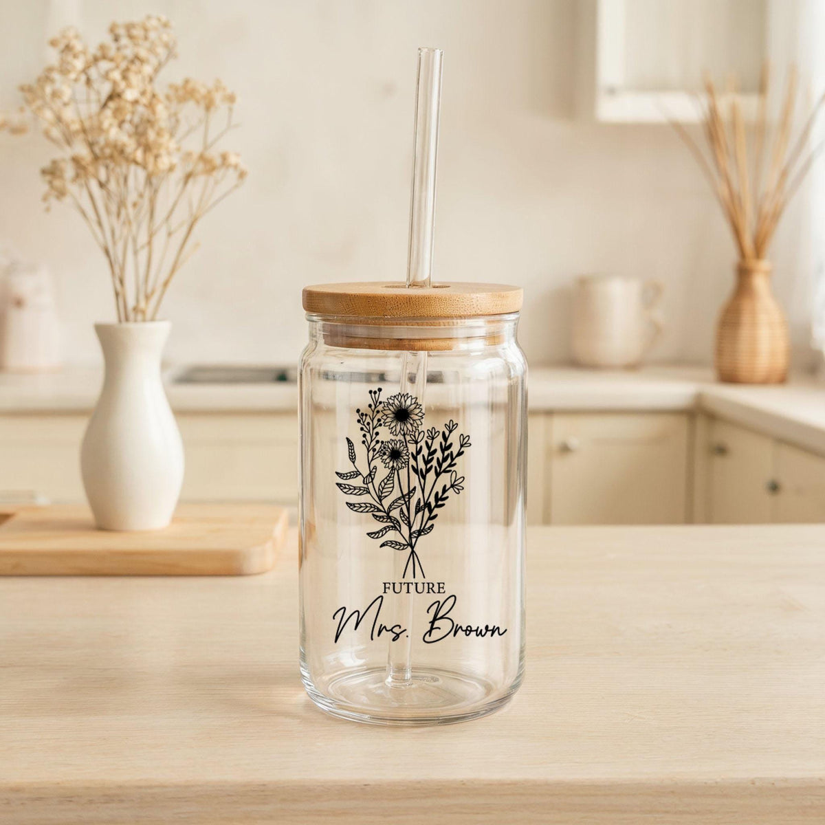Personalized Future Mrs Bamboo Lid Tumbler, Floral Bachelorette Party Sipper Glass Cup