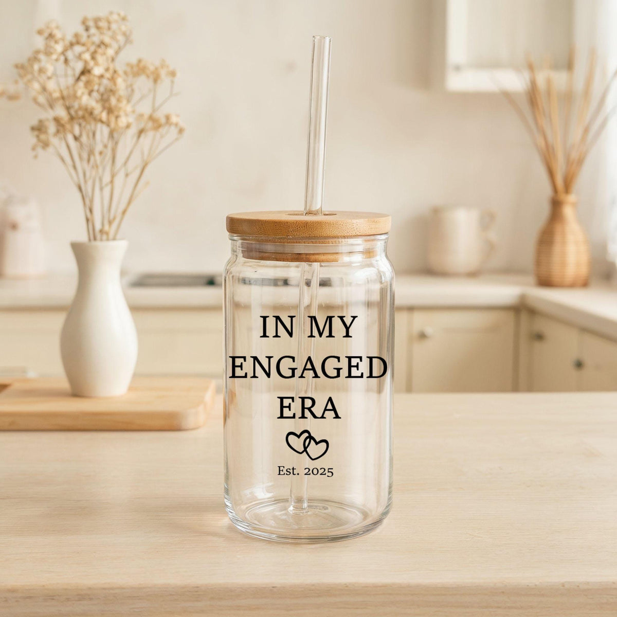 Custom Date In My Engaged Era Can Glass Tumbler, Engagement Ceremony Bamboo Lid Tumbler