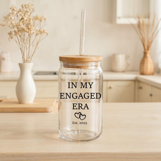 Custom Date In My Engaged Era Can Glass Tumbler, Engagement Ceremony Bamboo Lid Tumbler