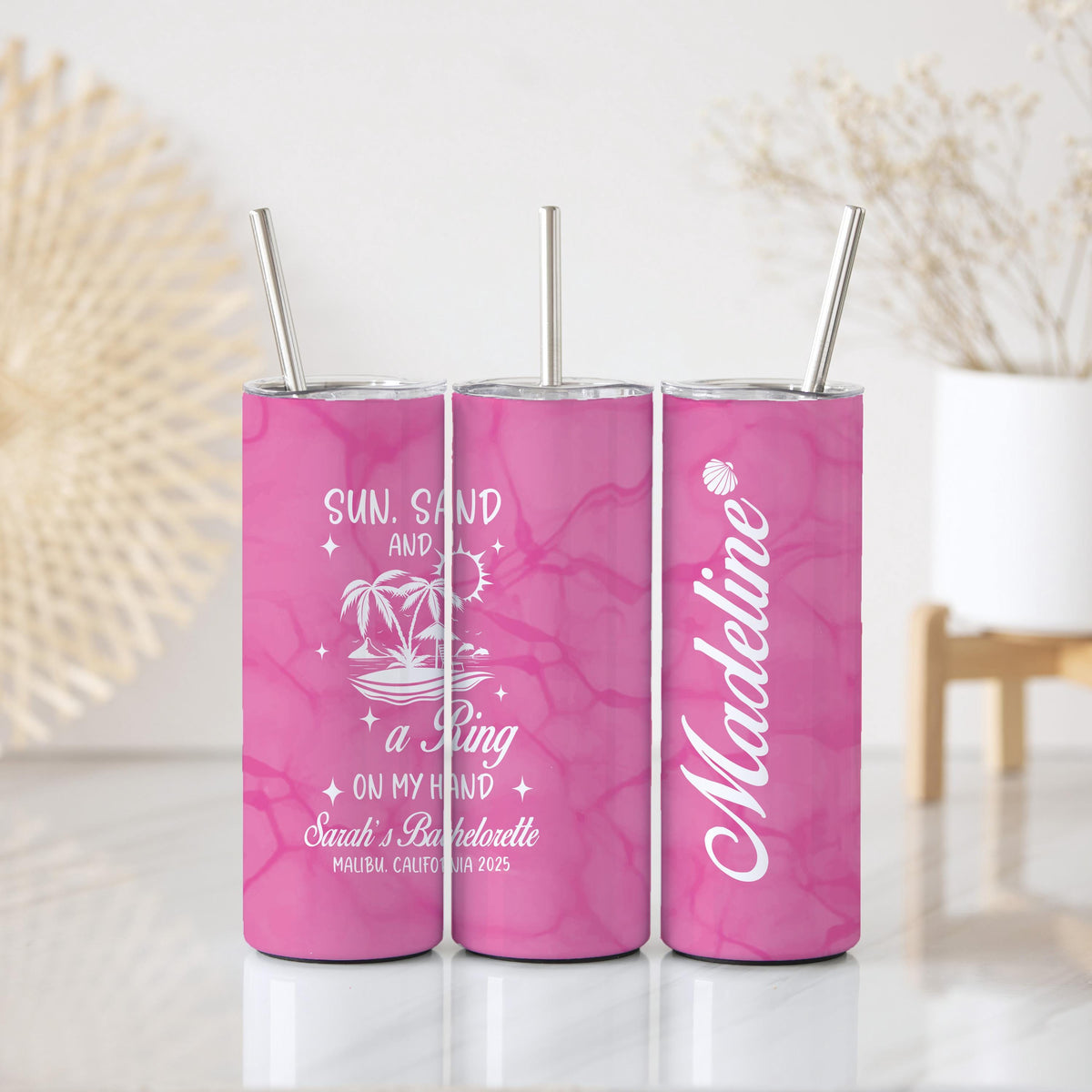 Sun Sand And A Ring On My Hand Tumbler With Straw, Customizable Beach Bachelorette Cups