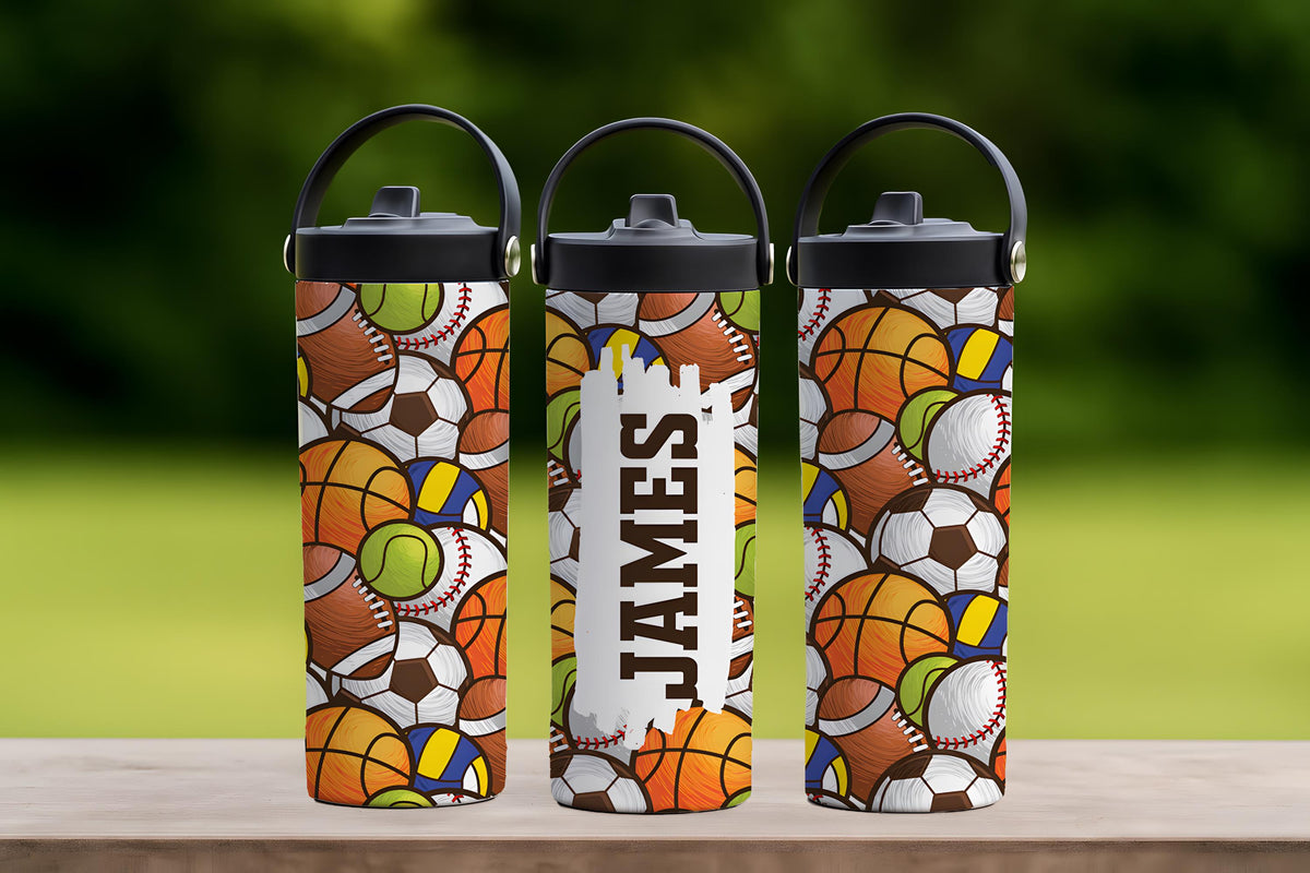 Custom Name Sports Ball Pattern Water Bottle