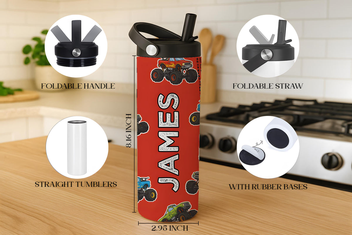 Custom Monster Truck Steel Tumbler with Handle, Race Car Bottle for Kids