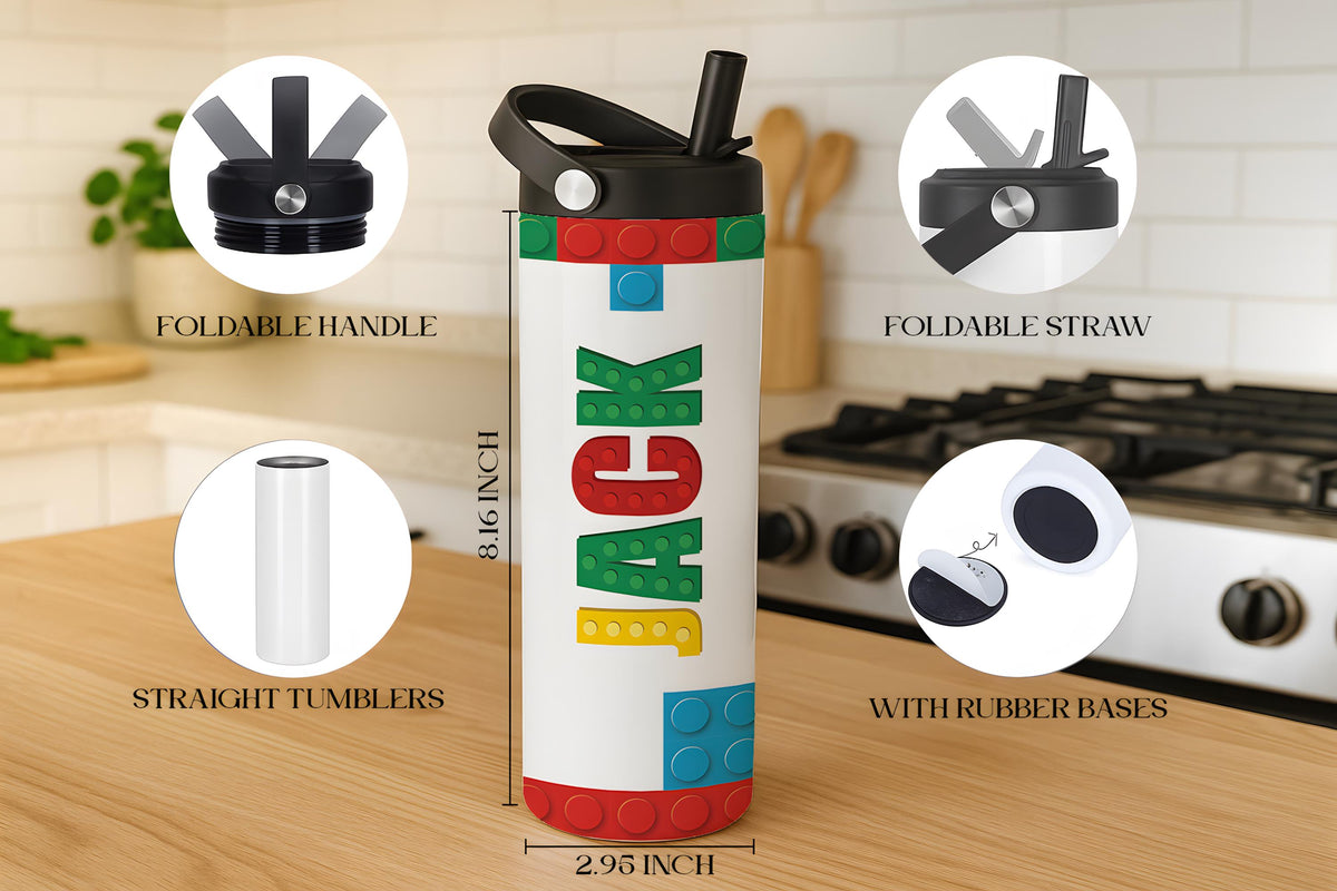 Personalized Toy Blocks Design Tumbler With Foldable Straw