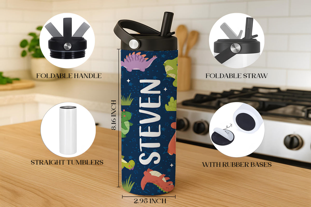 Customizable Dinosaur Pattern Tumbler With Foldable Straw, Toddler Preschool Start Gift