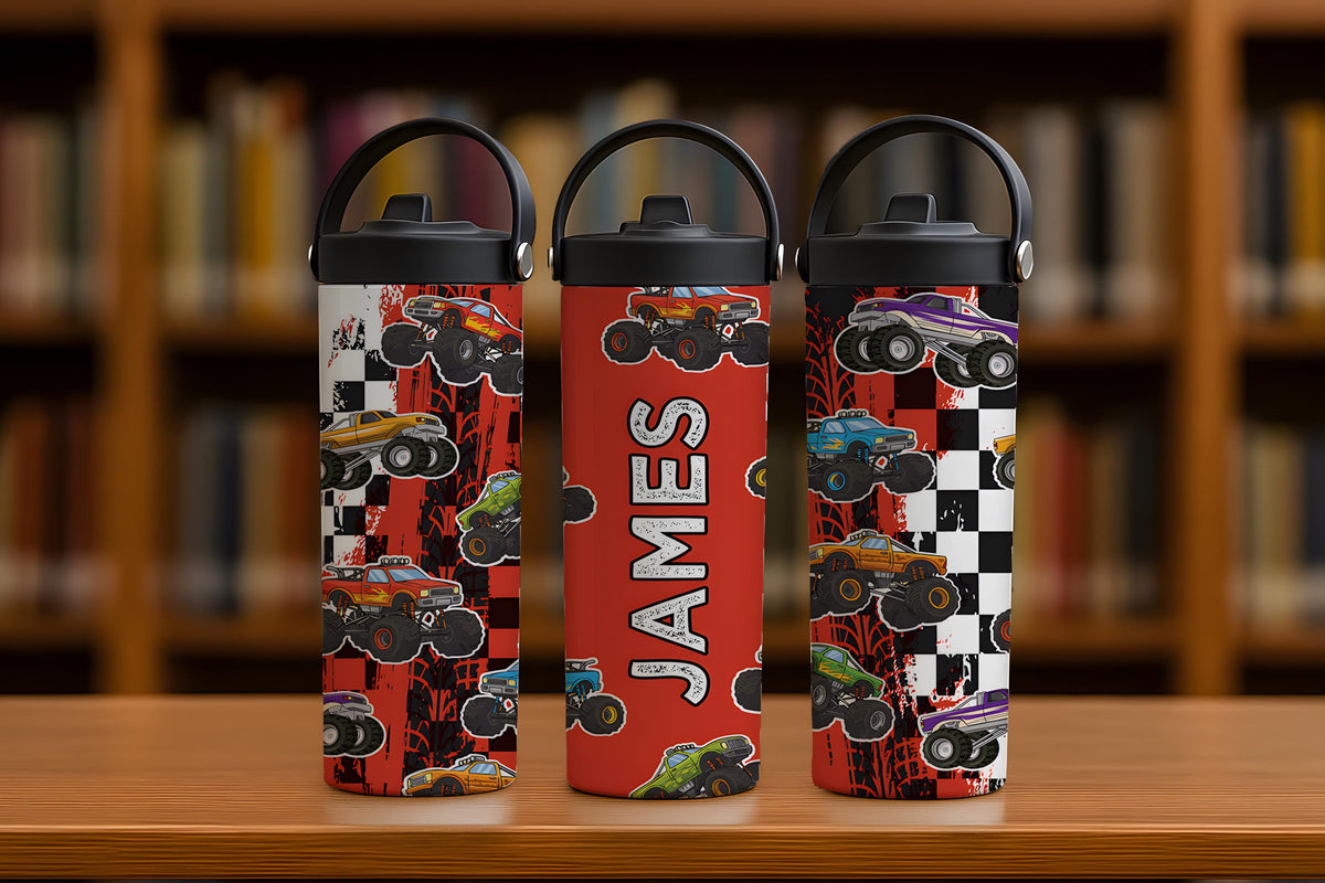 Custom Monster Truck Steel Tumbler with Handle, Race Car Bottle for Kids
