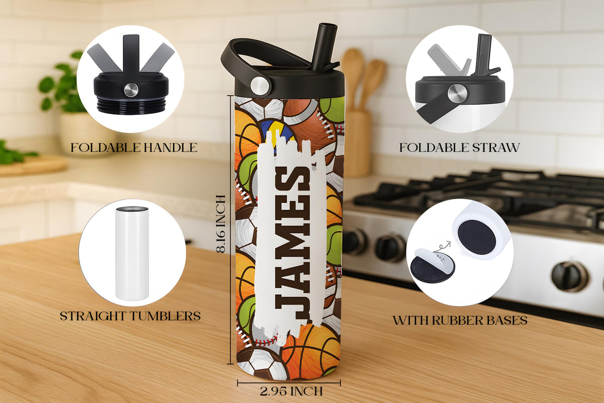 Custom Name Sports Ball Pattern Water Bottle