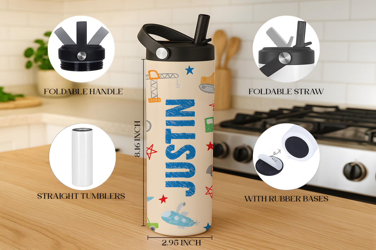 Customizable Colorful Patterns Kids Tumbler With Foldable Straw