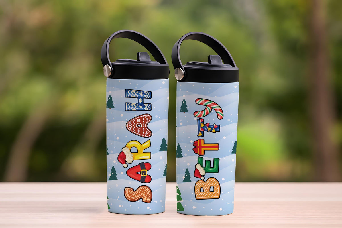 Custom Name Christmas Pattern Letters Kids Flask, Xmas Holiday Gift For School Tumbler