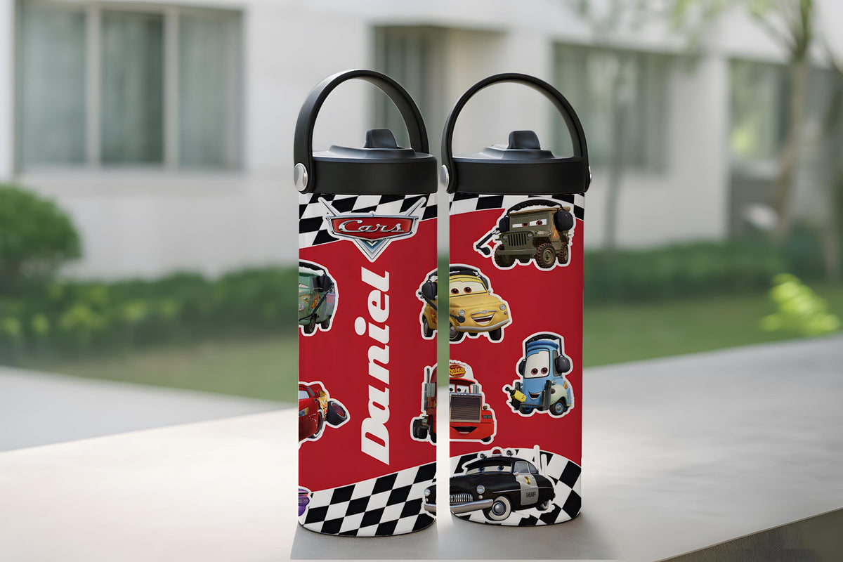Customizable Car Cartoon Tumbler With Foldable Straw, Racing Checkered School Water Bottle