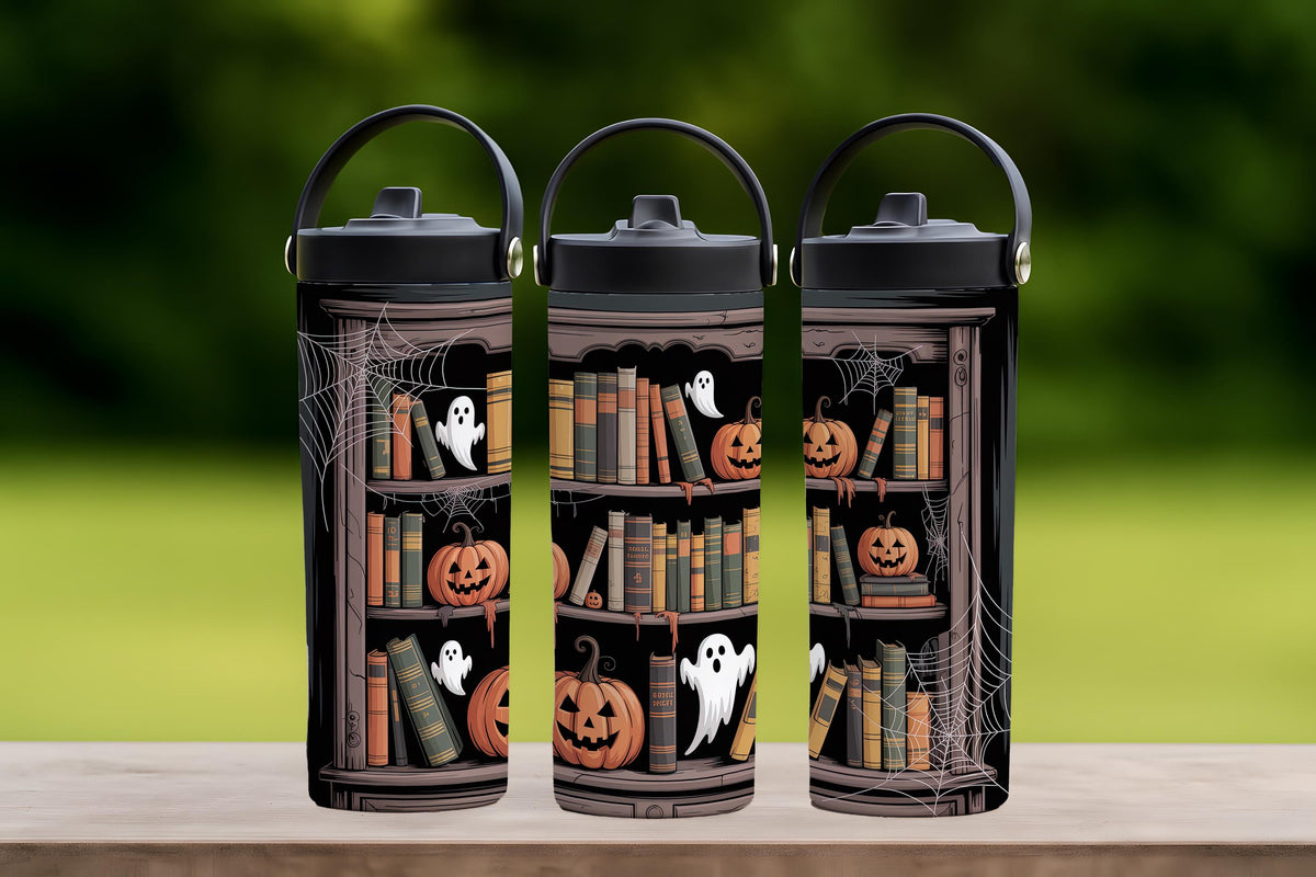 Spooky Library Tumbler With Foldable Straw, Cute Ghost Theme Book Lover Halloween Tumbler