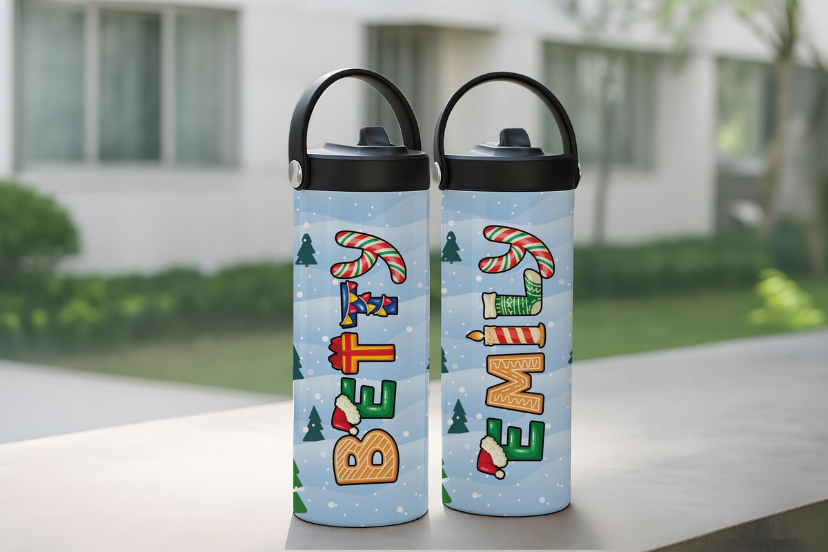 Custom Name Christmas Pattern Letters Kids Flask, Xmas Holiday Gift For School Tumbler