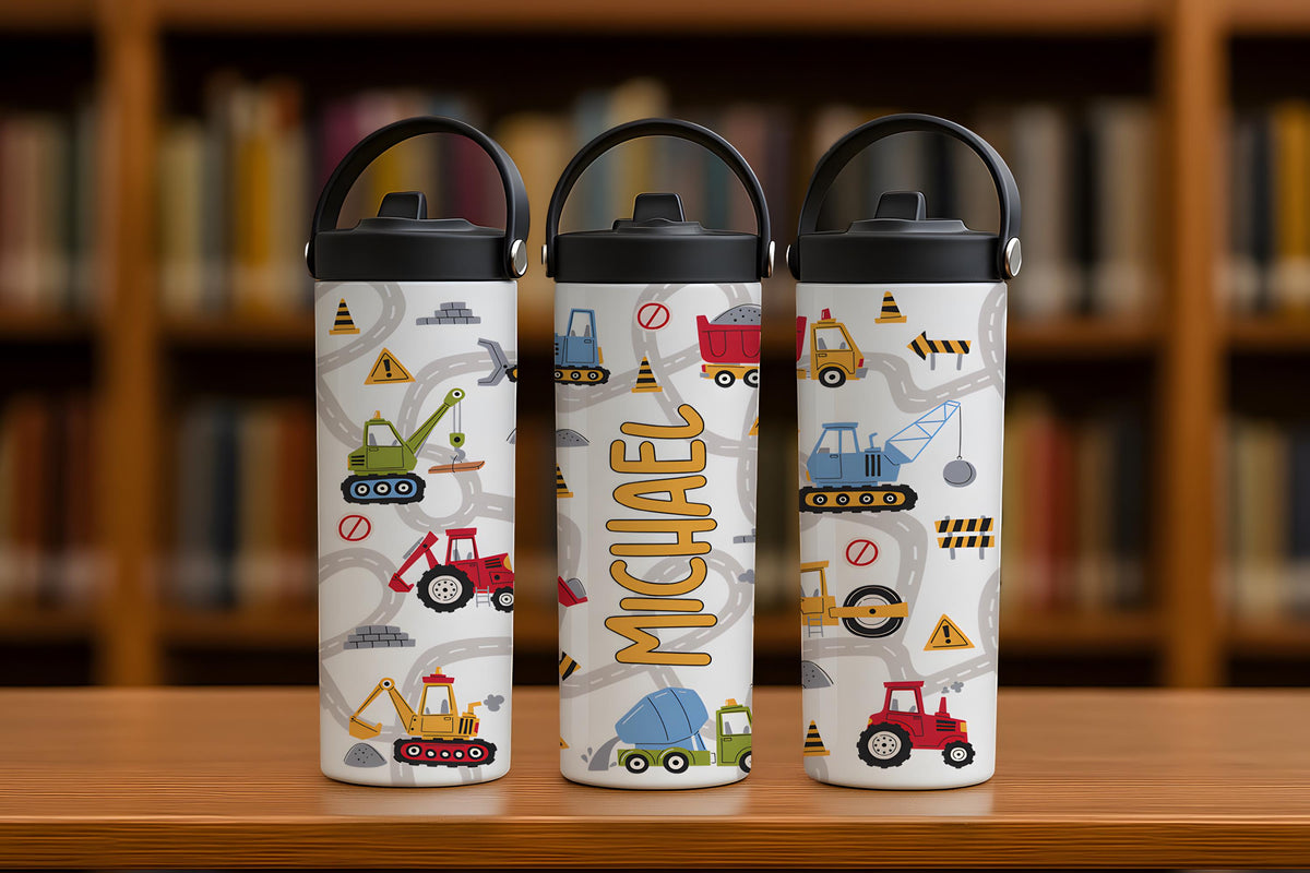 Custom Name Construction Theme Steel Water Bottle