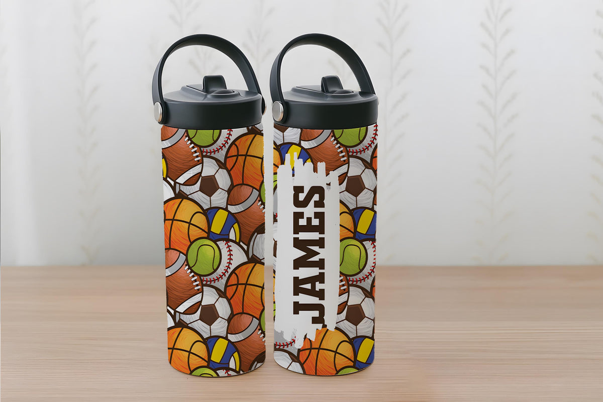 Custom Name Sports Ball Pattern Water Bottle