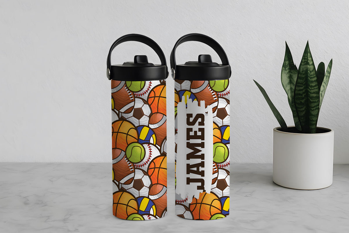 Custom Name Sports Ball Pattern Water Bottle