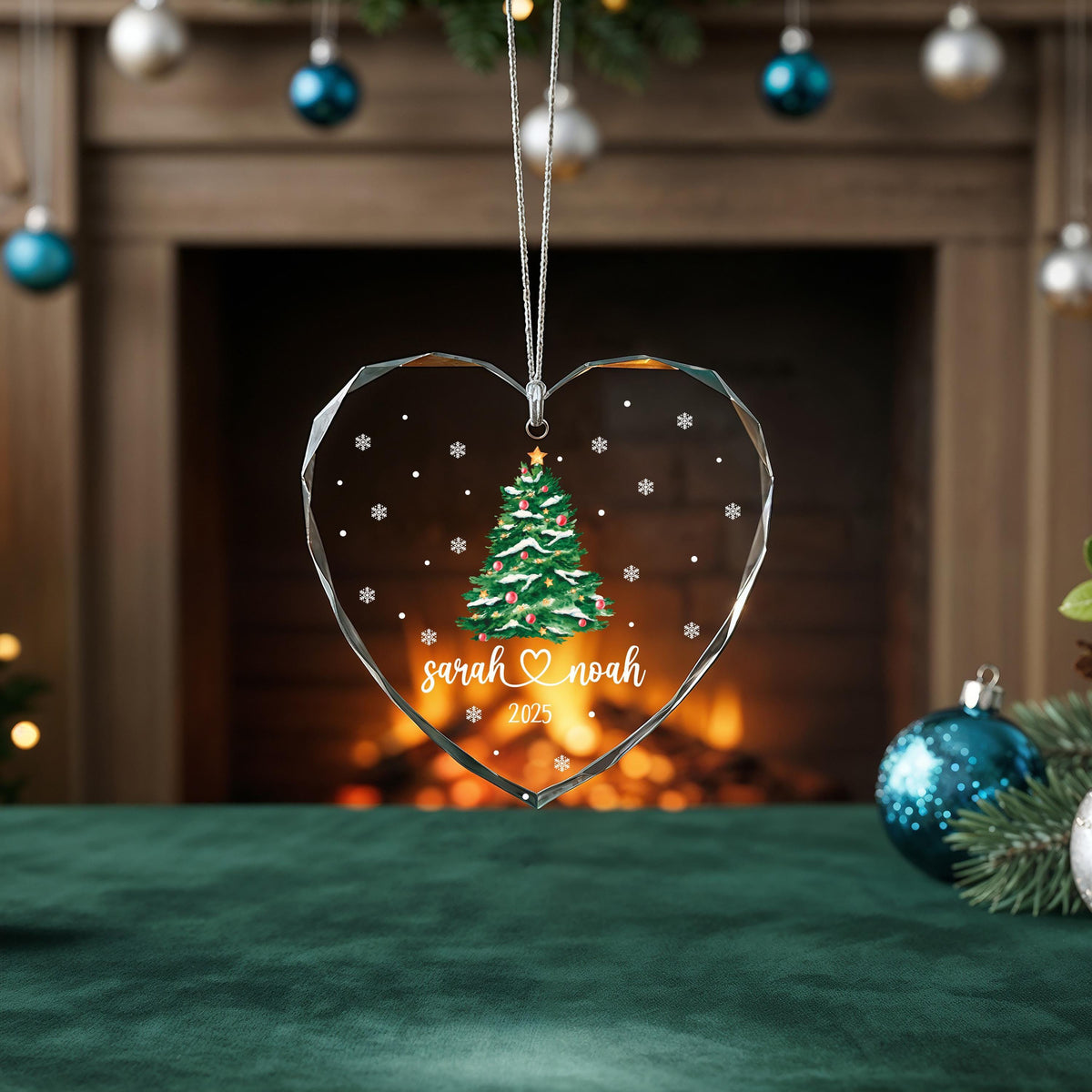Custom Couple Heart Crystal Christmas Ornament, Personalized Keepsake