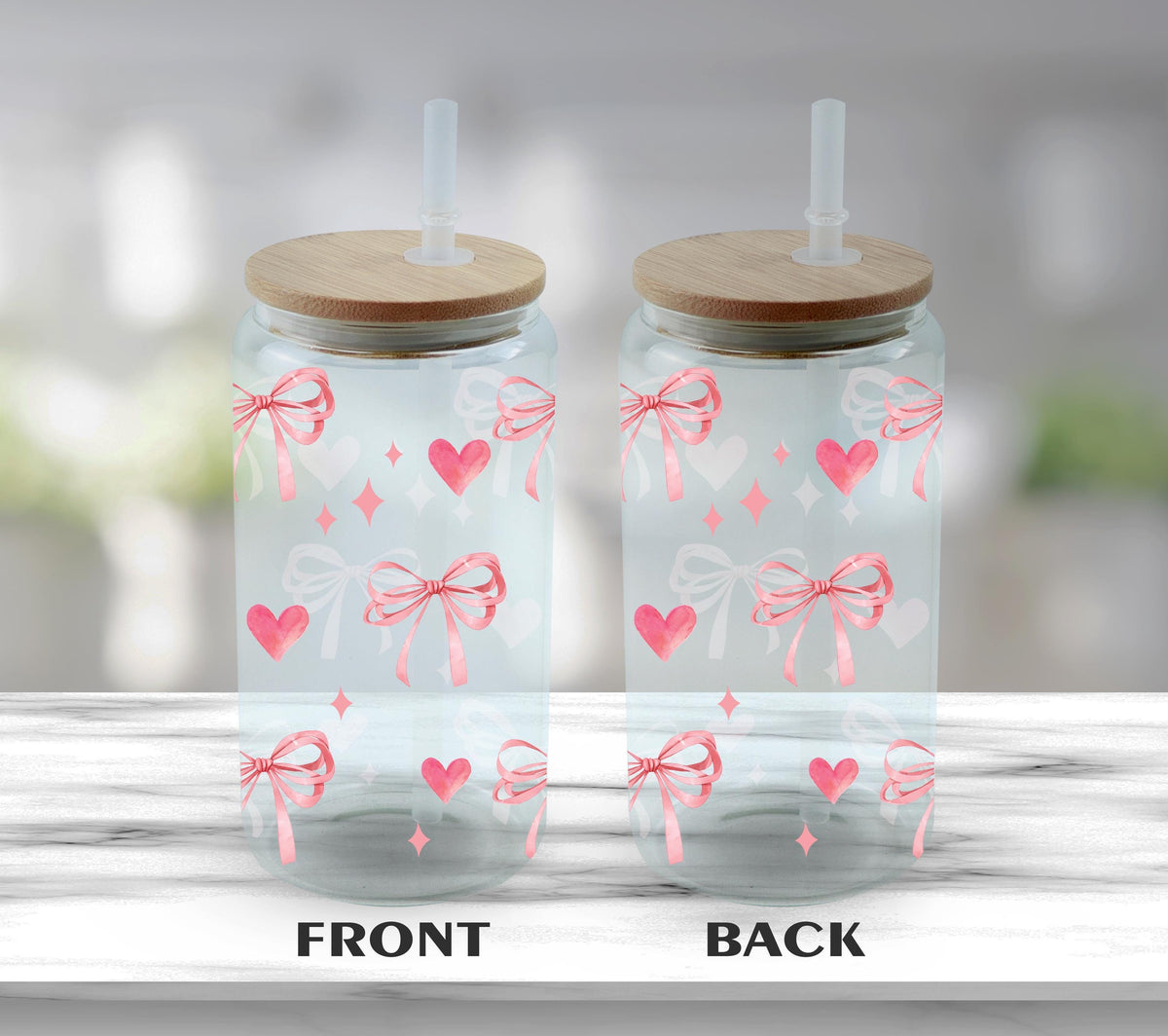 Pink Bows And Hearts Glass Tumbler, Cute Aesthetic Drinkware, Girly Iced Coffee Cup