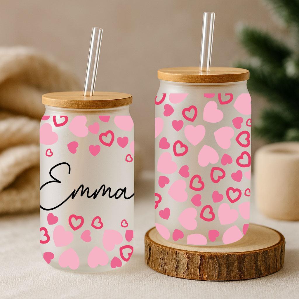 Personalized Small Hearts Pattern Glass Cup, Pink Hearts Can Glass Tumbler