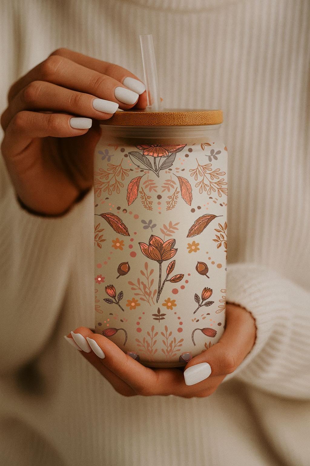 Aesthetic Floral Can Glass Tumbler, Colorful Wild Flowers Designed Iced Coffee Cup
