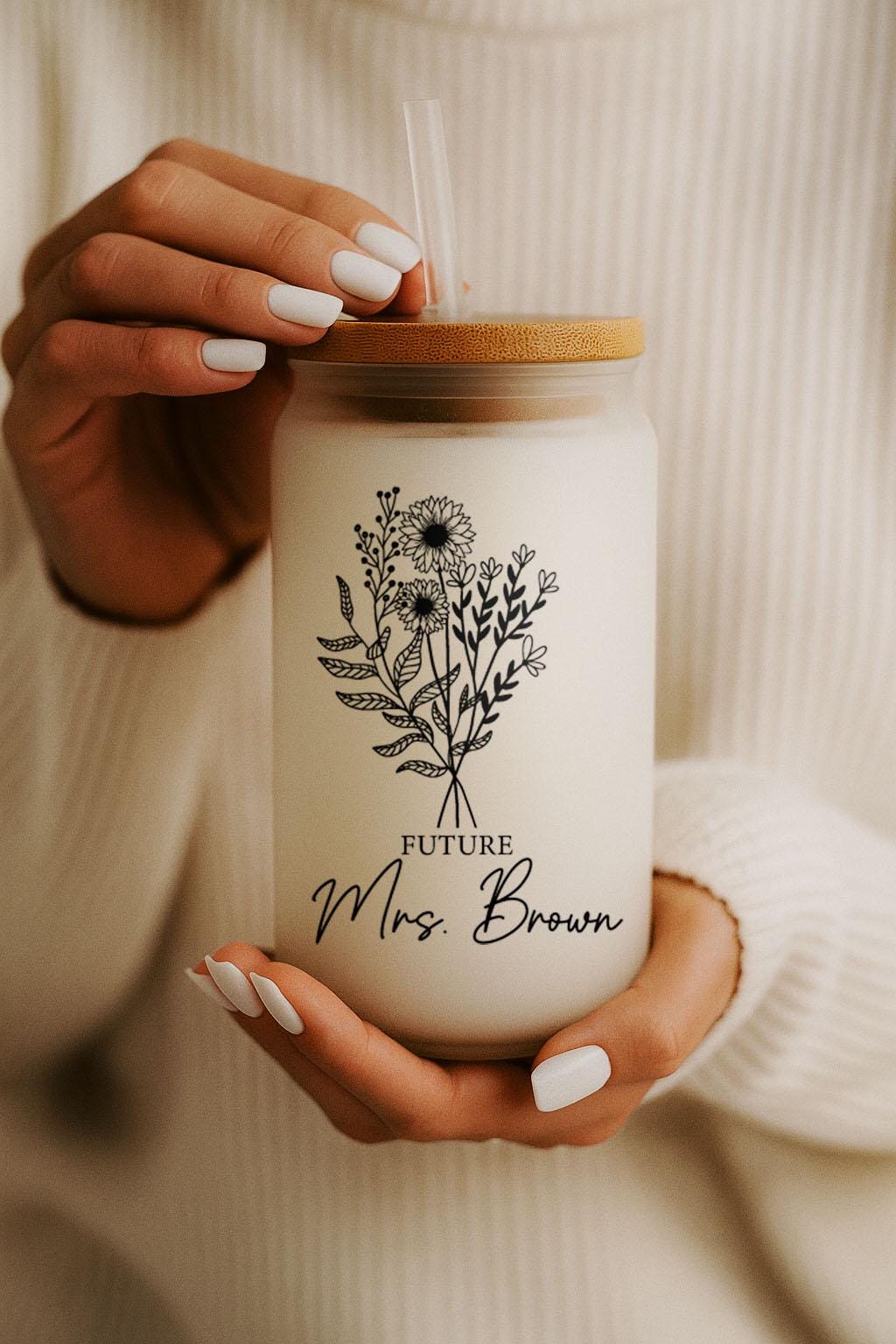 Personalized Future Mrs Bamboo Lid Tumbler, Floral Bachelorette Party Sipper Glass Cup