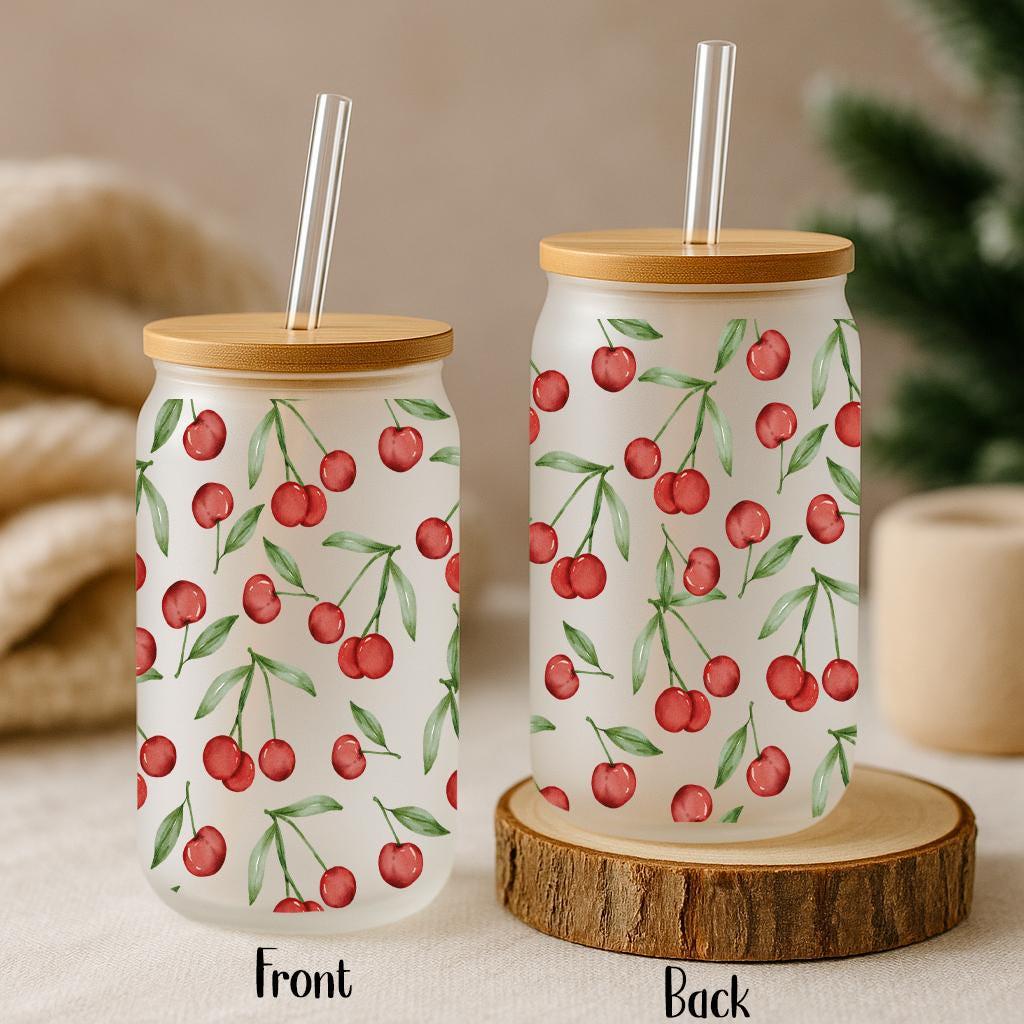 Cute Cherry Can Glass Tumbler, Trendy Iced Coffee Cup