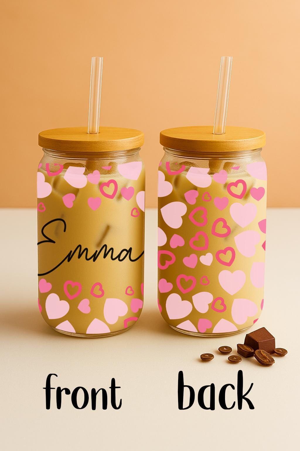 Personalized Small Hearts Pattern Glass Cup, Pink Hearts Can Glass Tumbler
