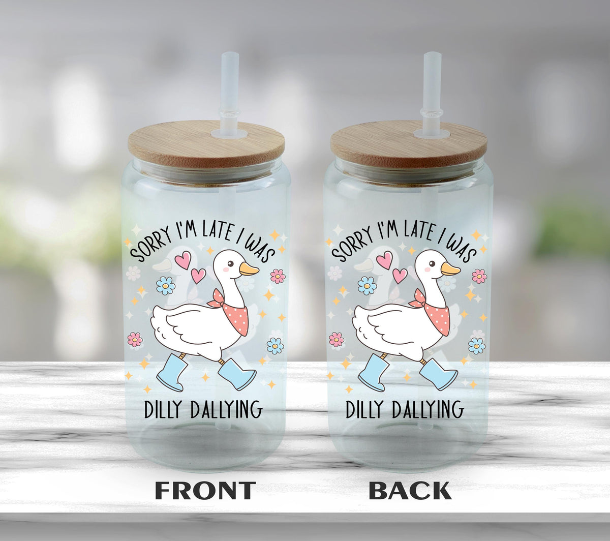 Sorry I'm Late I Was Dilly Dallying Can Glass, Funny Duck Iced Coffee Cup