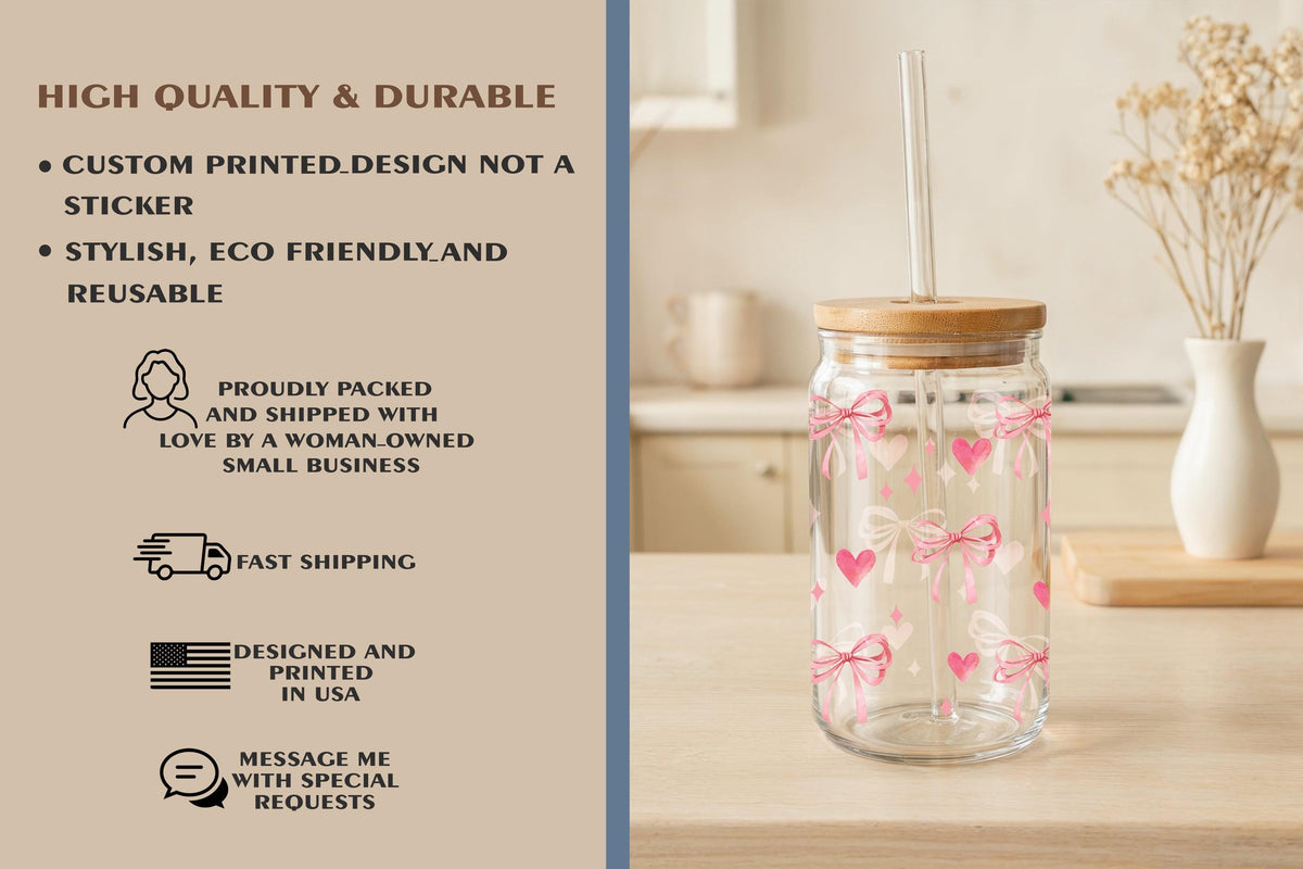 Pink Bows And Hearts Glass Tumbler, Cute Aesthetic Drinkware, Girly Iced Coffee Cup