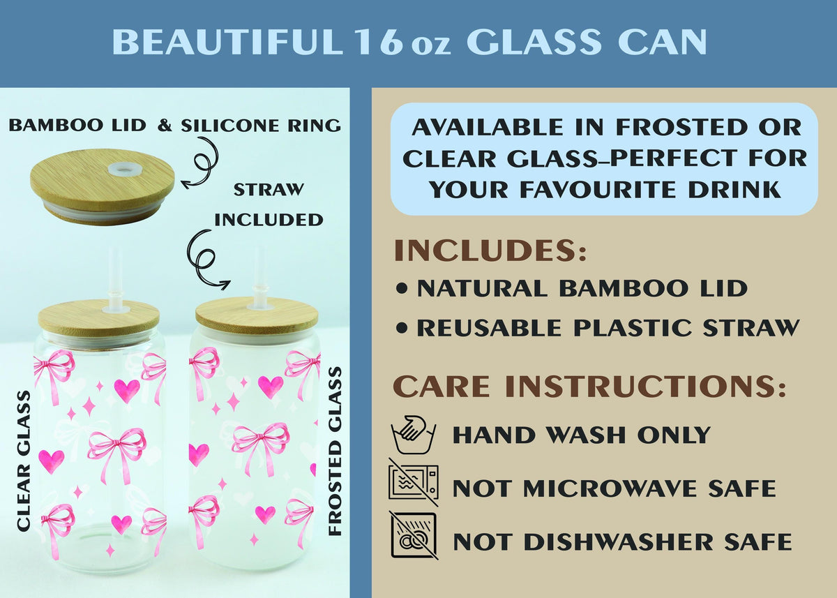 Pink Bows And Hearts Glass Tumbler, Cute Aesthetic Drinkware, Girly Iced Coffee Cup