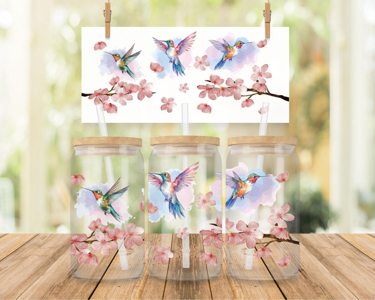 Water Color Humming Bird Design Can Glass Tumbler, Cherry Blossom Tree Eco Friendly Cup