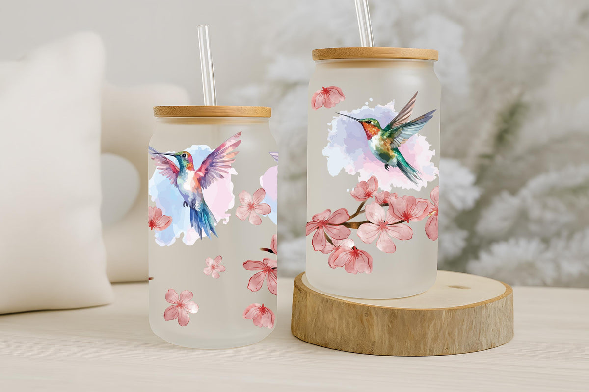 Water Color Humming Bird Design Can Glass Tumbler, Cherry Blossom Tree Eco Friendly Cup