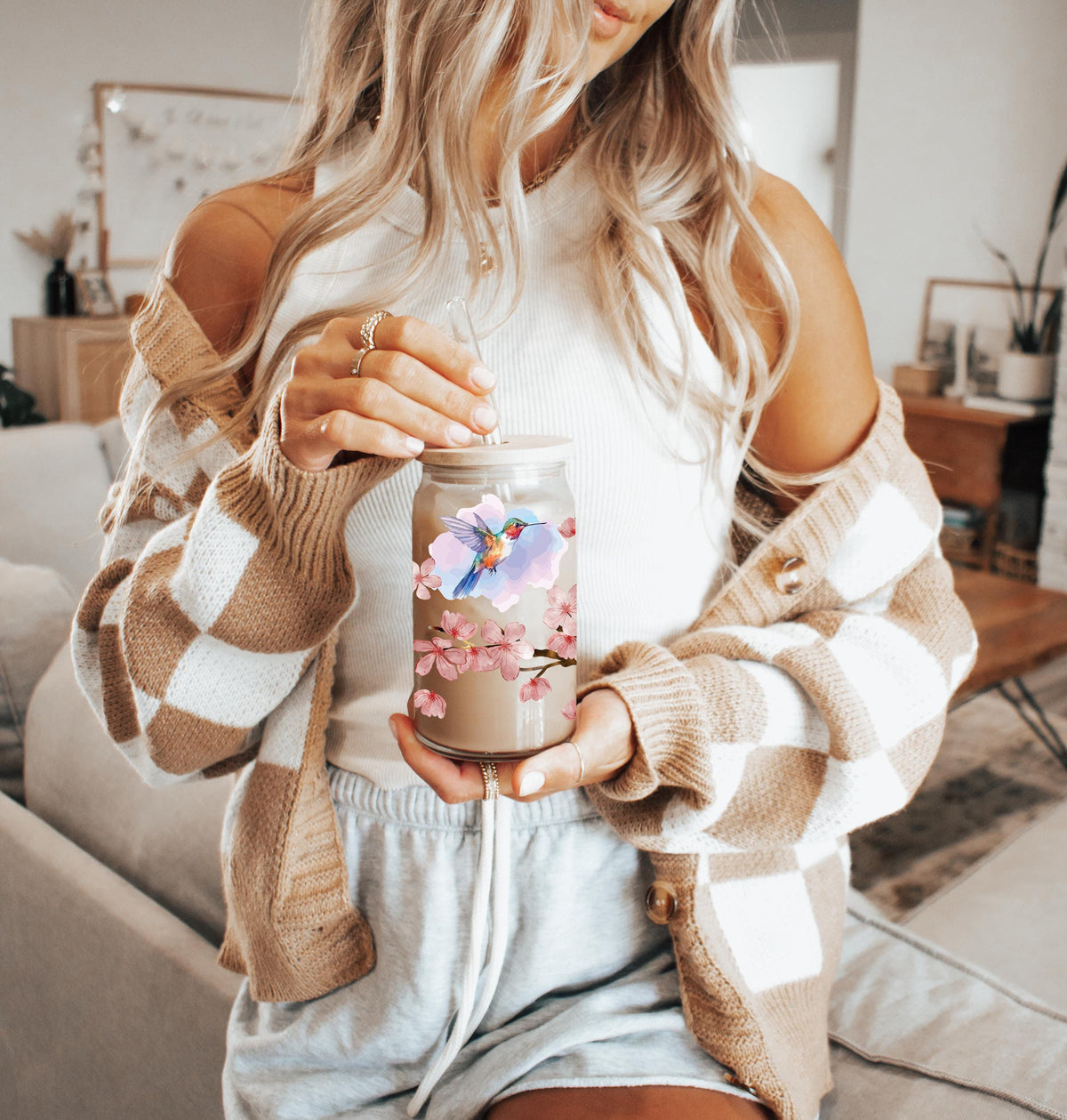 Water Color Humming Bird Design Can Glass Tumbler, Cherry Blossom Tree Eco Friendly Cup