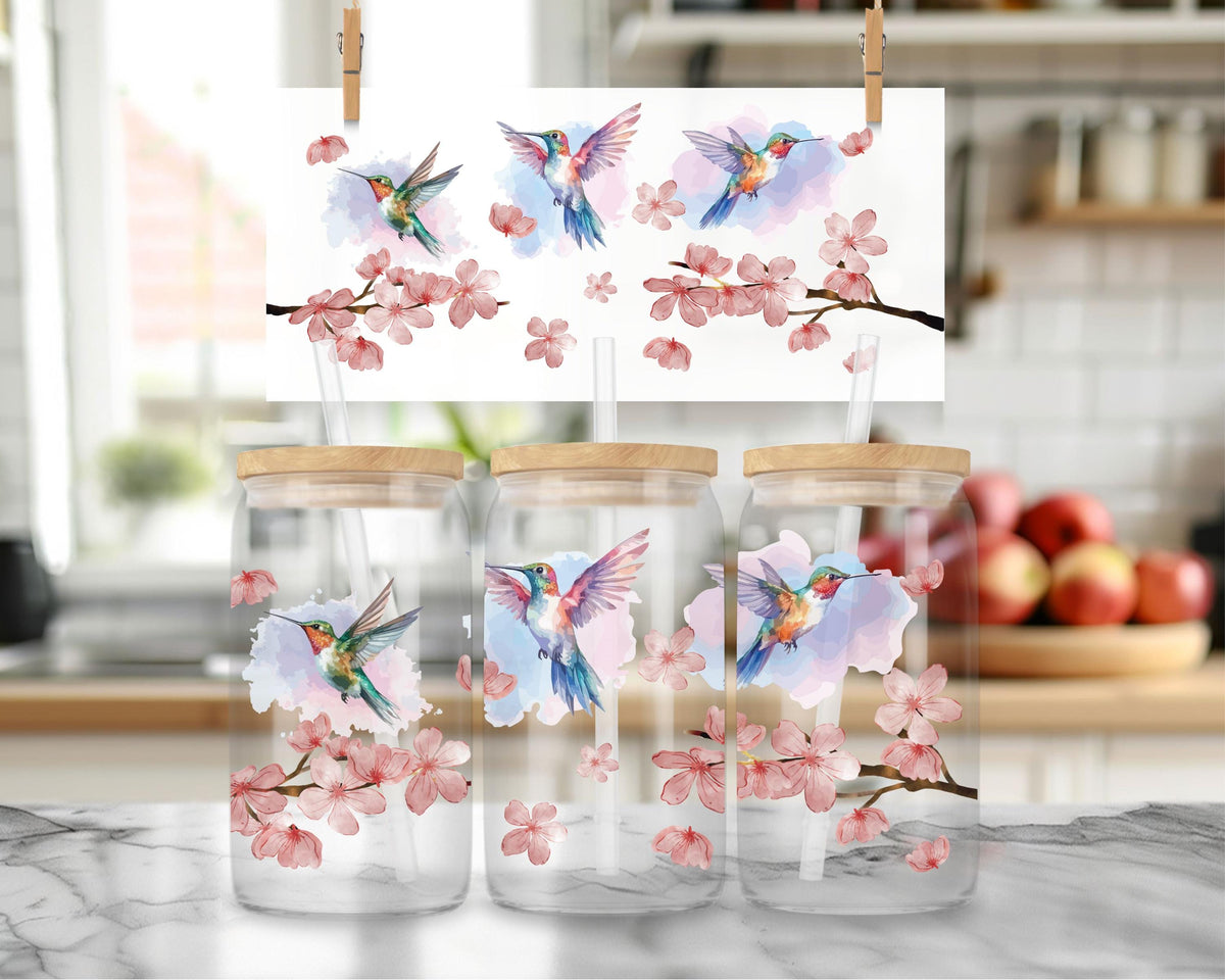 Water Color Humming Bird Design Can Glass Tumbler, Cherry Blossom Tree Eco Friendly Cup