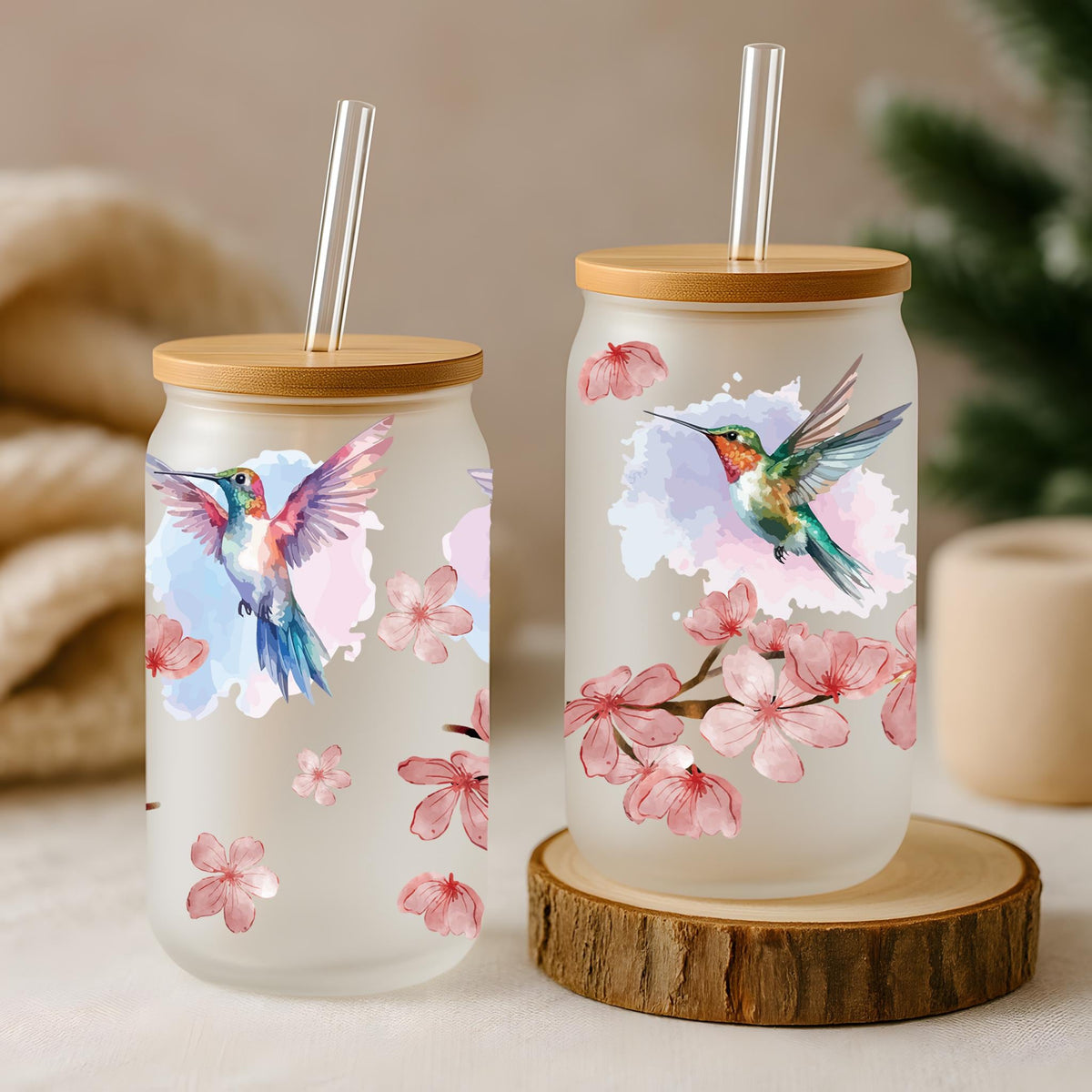 Water Color Humming Bird Design Can Glass Tumbler, Cherry Blossom Tree Eco Friendly Cup