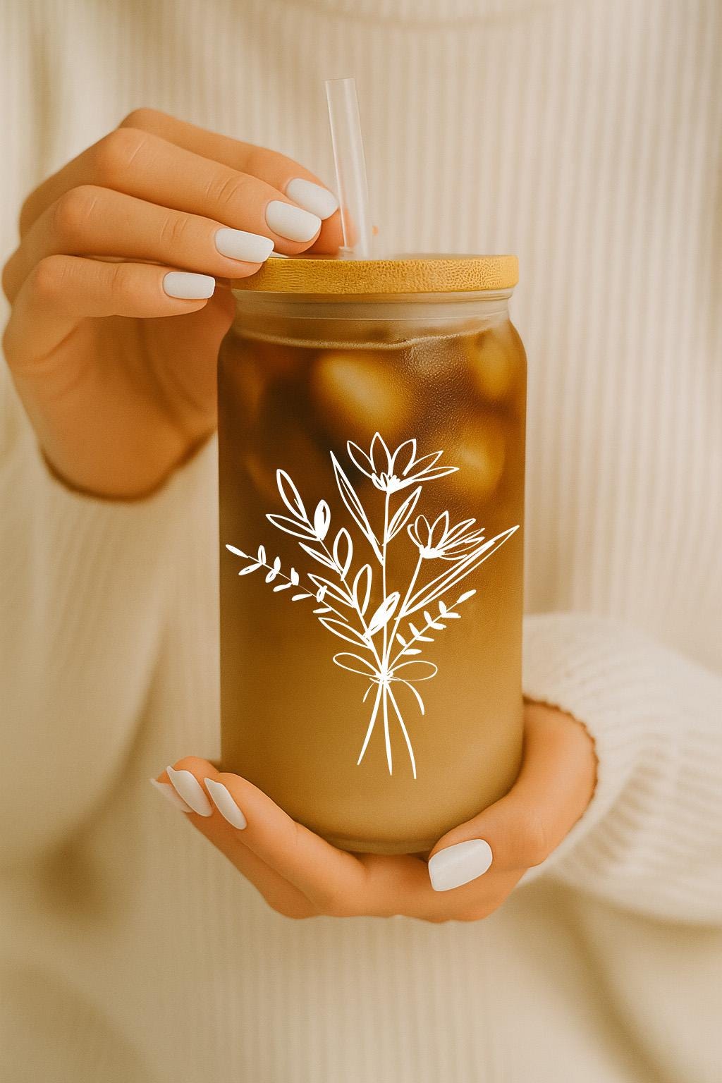 Wild Flowers Bouquet Iced Coffee Cup, Floral Themed Can Glass Tumbler