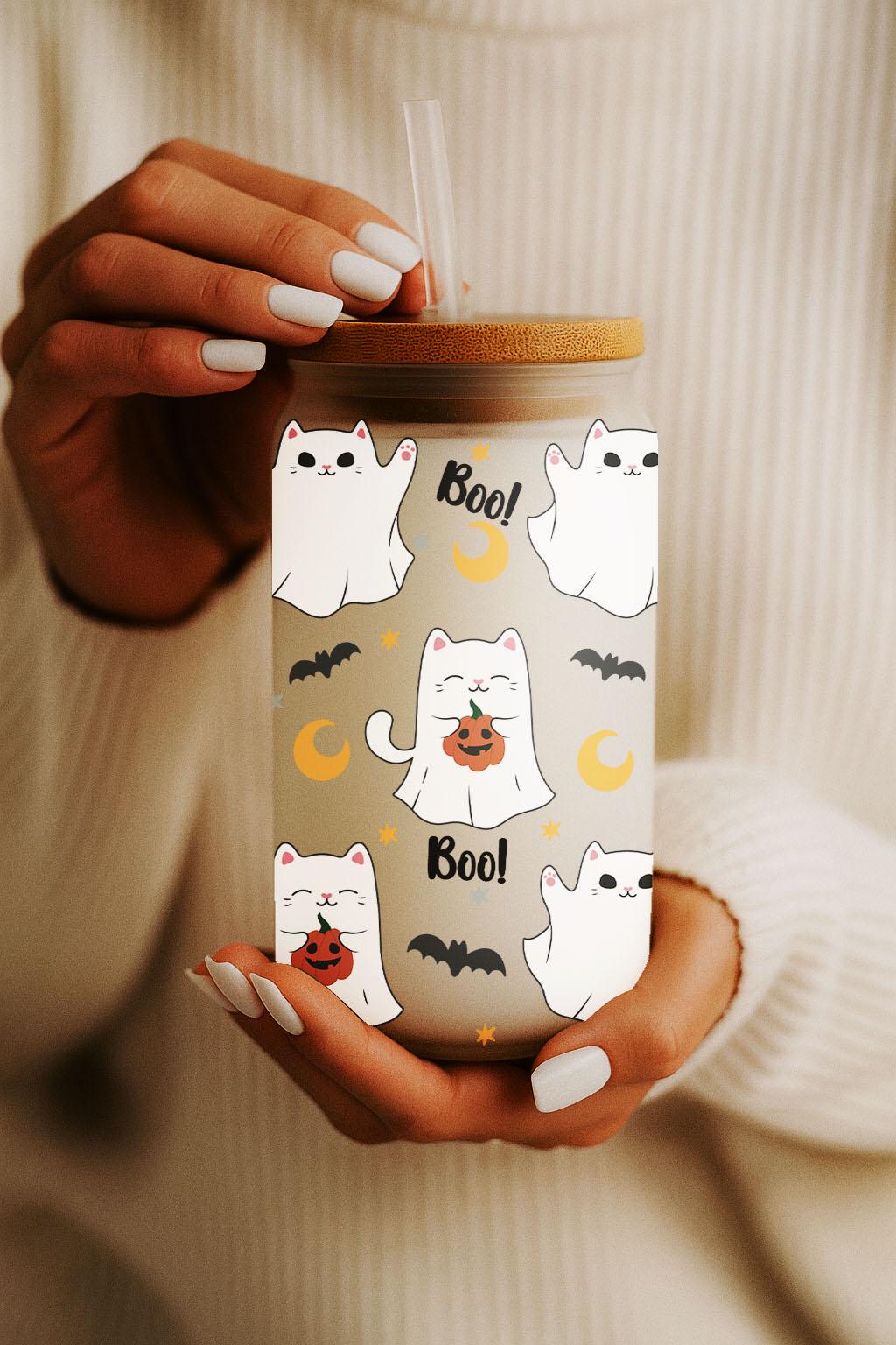 Ghost Cats Boo Halloween Glass Tumbler, Cat Lovers Cute Halloween Can Glass Cup