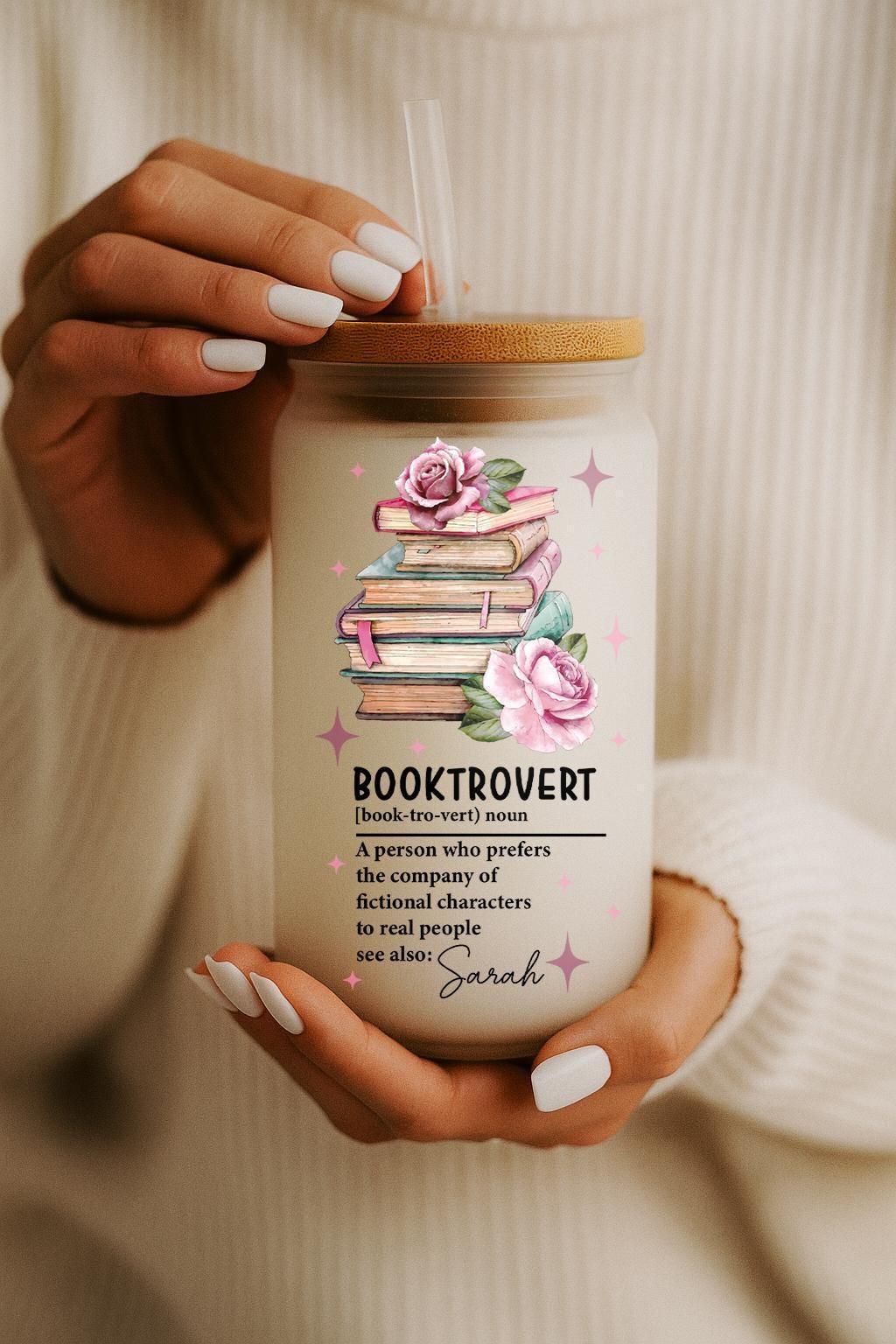 Customizable Booktrovert Glass Cup, Floral Book Worm Iced Coffee Cup