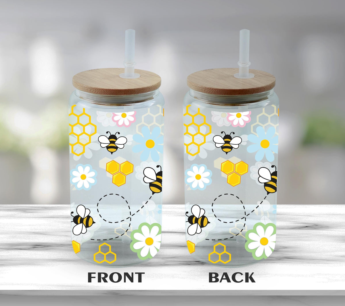 Honey Bee Glass Tumbler, Honeycomb Iced Coffee Cup, Cute Bee And Daisy Can Glass