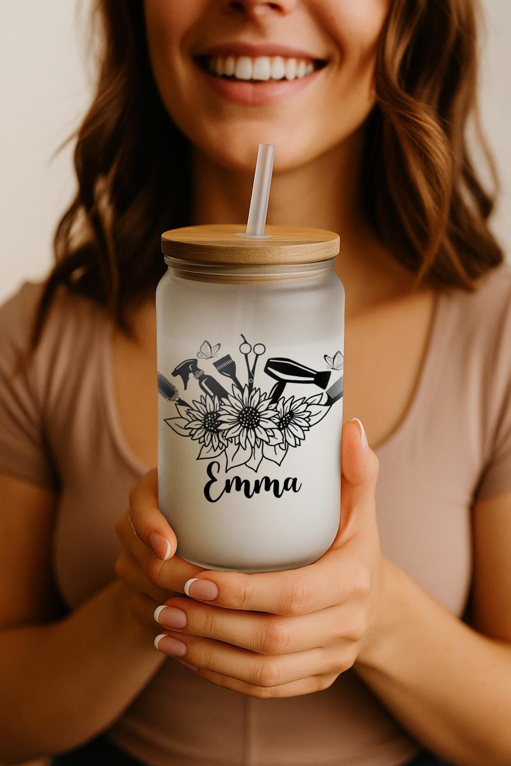 Personalized Hairdresser Can Glass Tumbler, Floral Hair Stylist Iced Coffee Cup