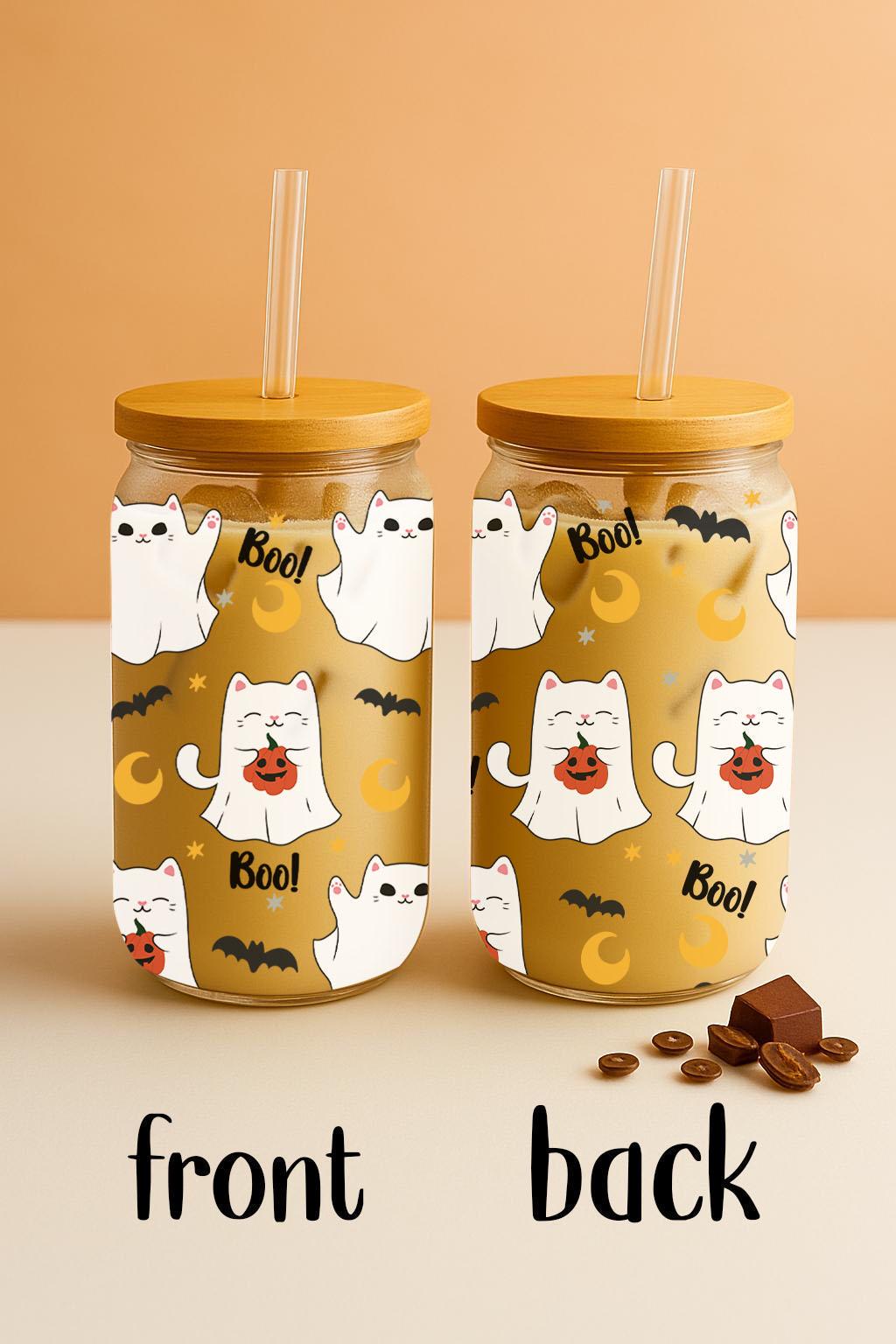 Ghost Cats Boo Halloween Glass Tumbler, Cat Lovers Cute Halloween Can Glass Cup