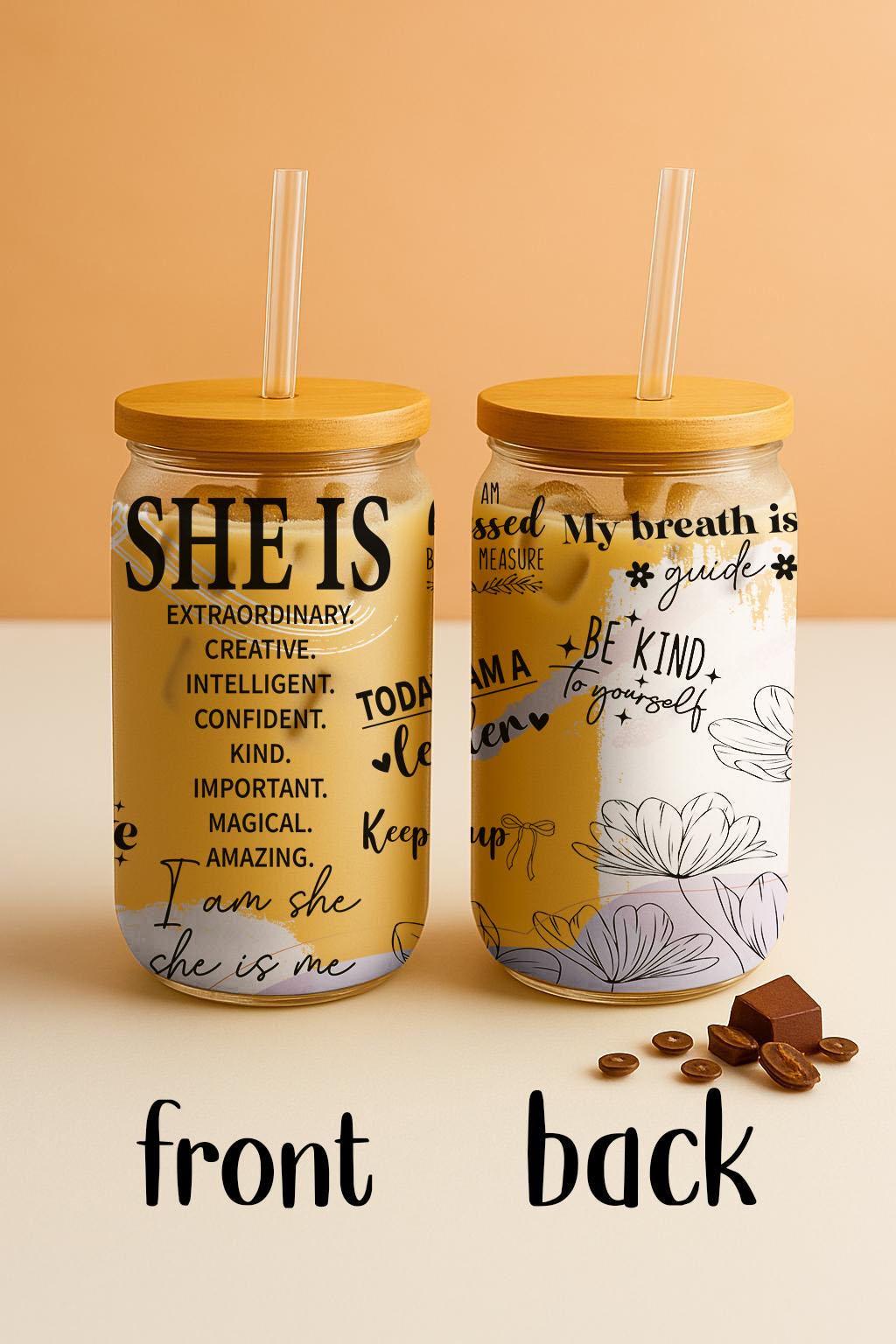 She Is Adjectives Sipper Glass Cup, Self Motivation Can Glass Tumbler