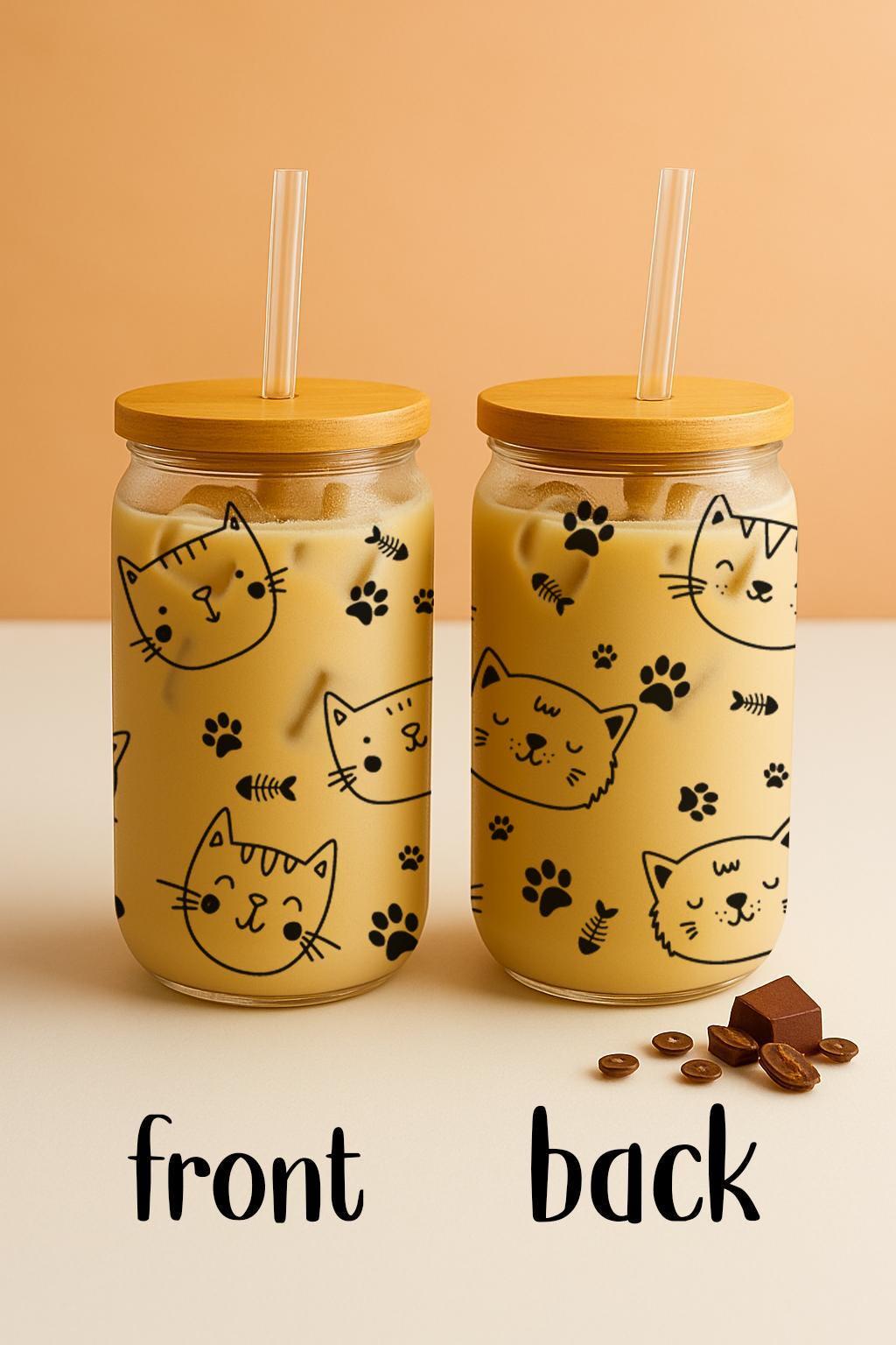 Cute Cat Faces With Paw Marks And Fish Bones Glass Cup, Cat Lovers Gift Can Glass Tumbler