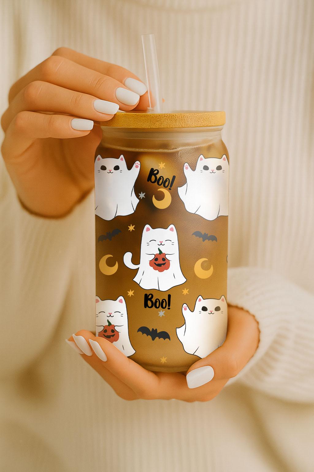 Ghost Cats Boo Halloween Glass Tumbler, Cat Lovers Cute Halloween Can Glass Cup