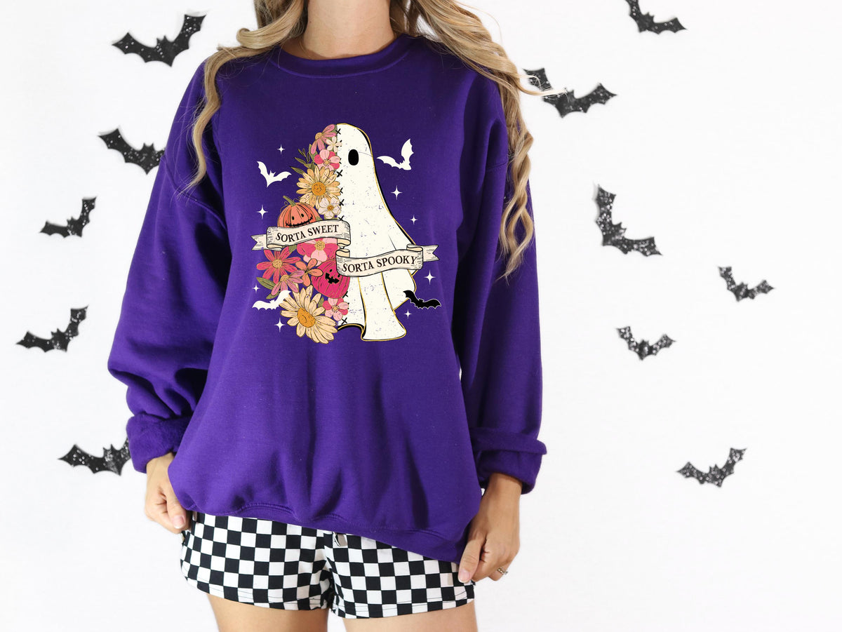 Cute Ghost Halloween T-Shirt, Sorta Sweet Sorta Spooky Shirt, Floral Spooky Season Tee, Girl Pumpkin Sweatshirt