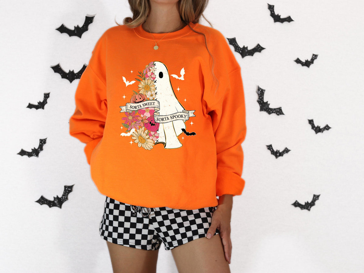 Cute Ghost Halloween T-Shirt, Sorta Sweet Sorta Spooky Shirt, Floral Spooky Season Tee, Girl Pumpkin Sweatshirt
