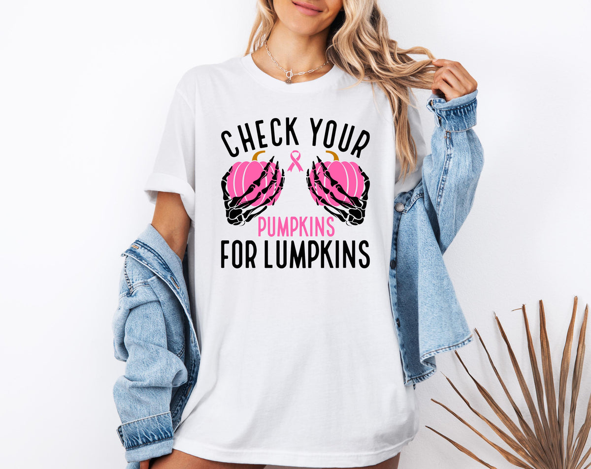 Breast Cancer T-shirt, Check Your Pumpkins For Lumpkins Shirt, Pink Pumpkin Tee, Breast Cancer Awareness Gift, Pink Ribbon Sweatshirt