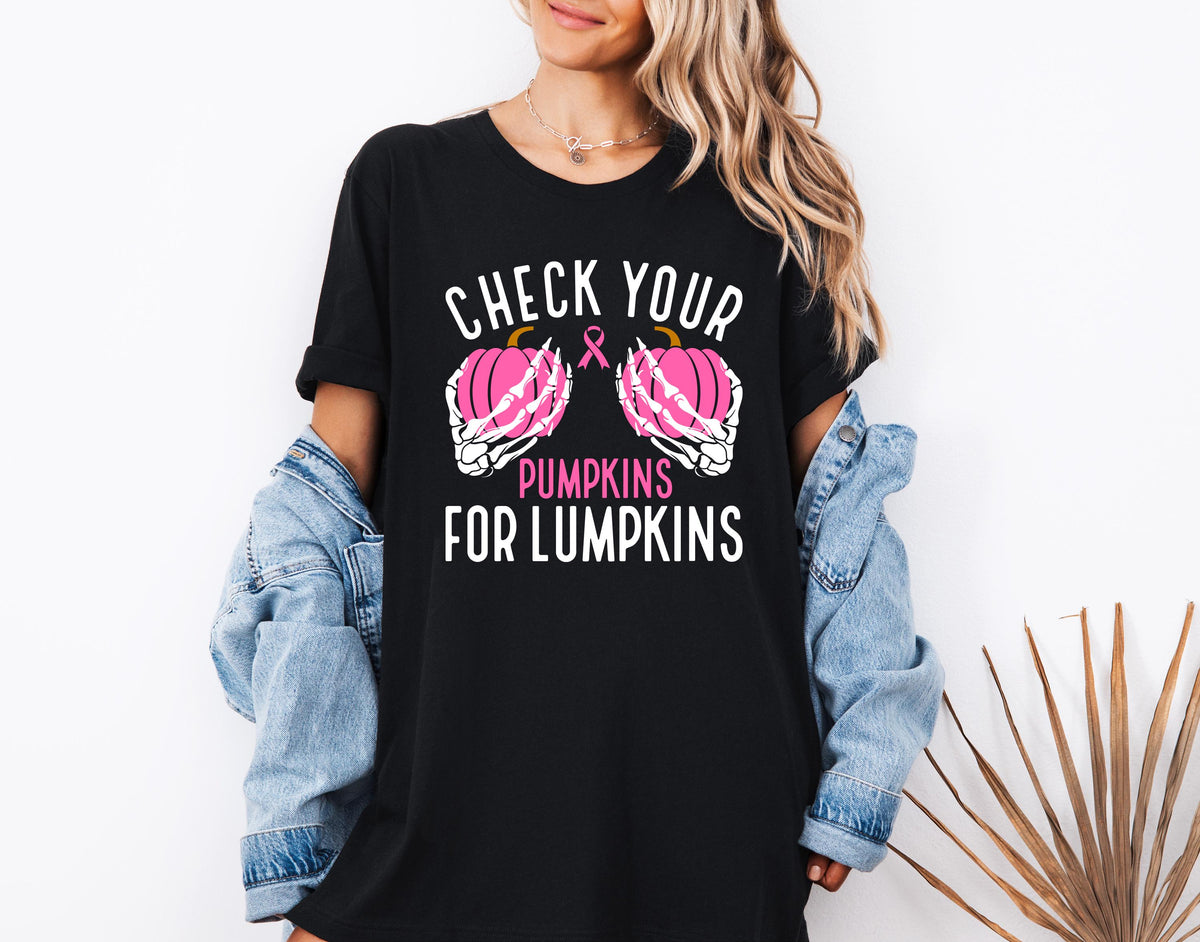 Breast Cancer T-shirt, Check Your Pumpkins For Lumpkins Shirt, Pink Pumpkin Tee, Breast Cancer Awareness Gift, Pink Ribbon Sweatshirt