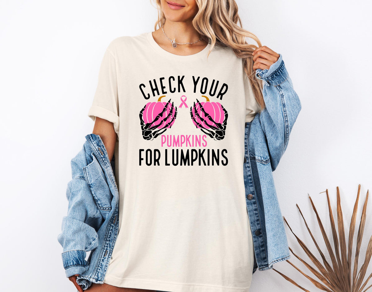 Breast Cancer T-shirt, Check Your Pumpkins For Lumpkins Shirt, Pink Pumpkin Tee, Breast Cancer Awareness Gift, Pink Ribbon Sweatshirt