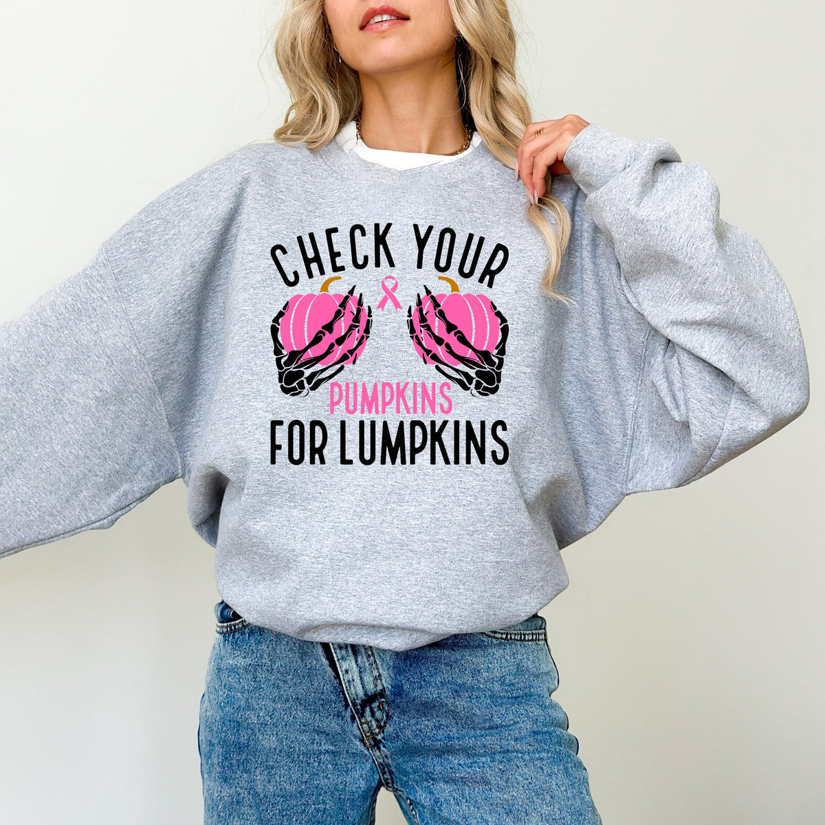 Breast Cancer T-shirt, Check Your Pumpkins For Lumpkins Shirt, Pink Pumpkin Tee, Breast Cancer Awareness Gift, Pink Ribbon Sweatshirt