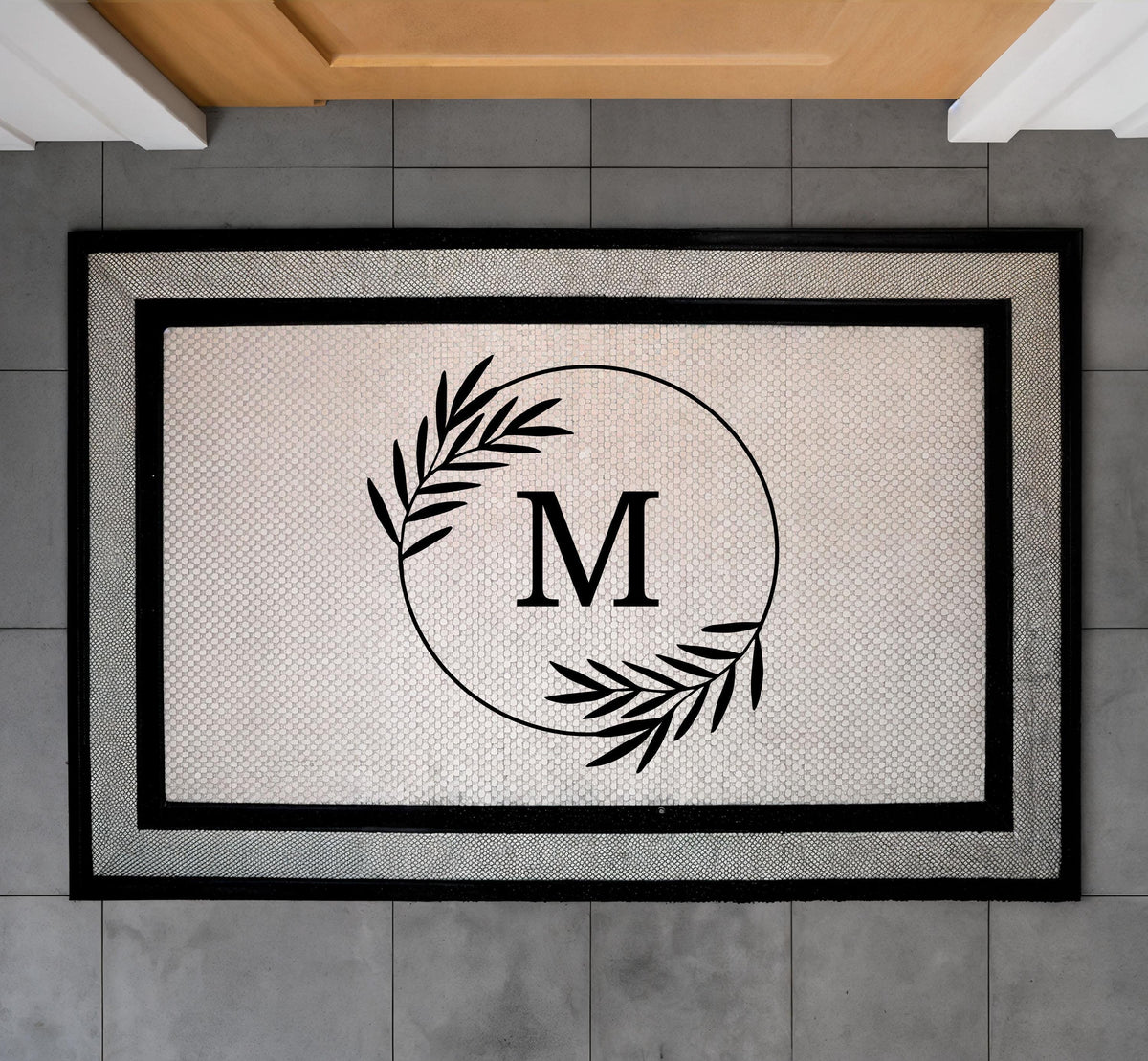 Personalized Monogram Doormat, Custom Initial Welcome Mat, Elegant Door Mat with Botanical Circle Design, Front Porch and Indoor Entry Mat